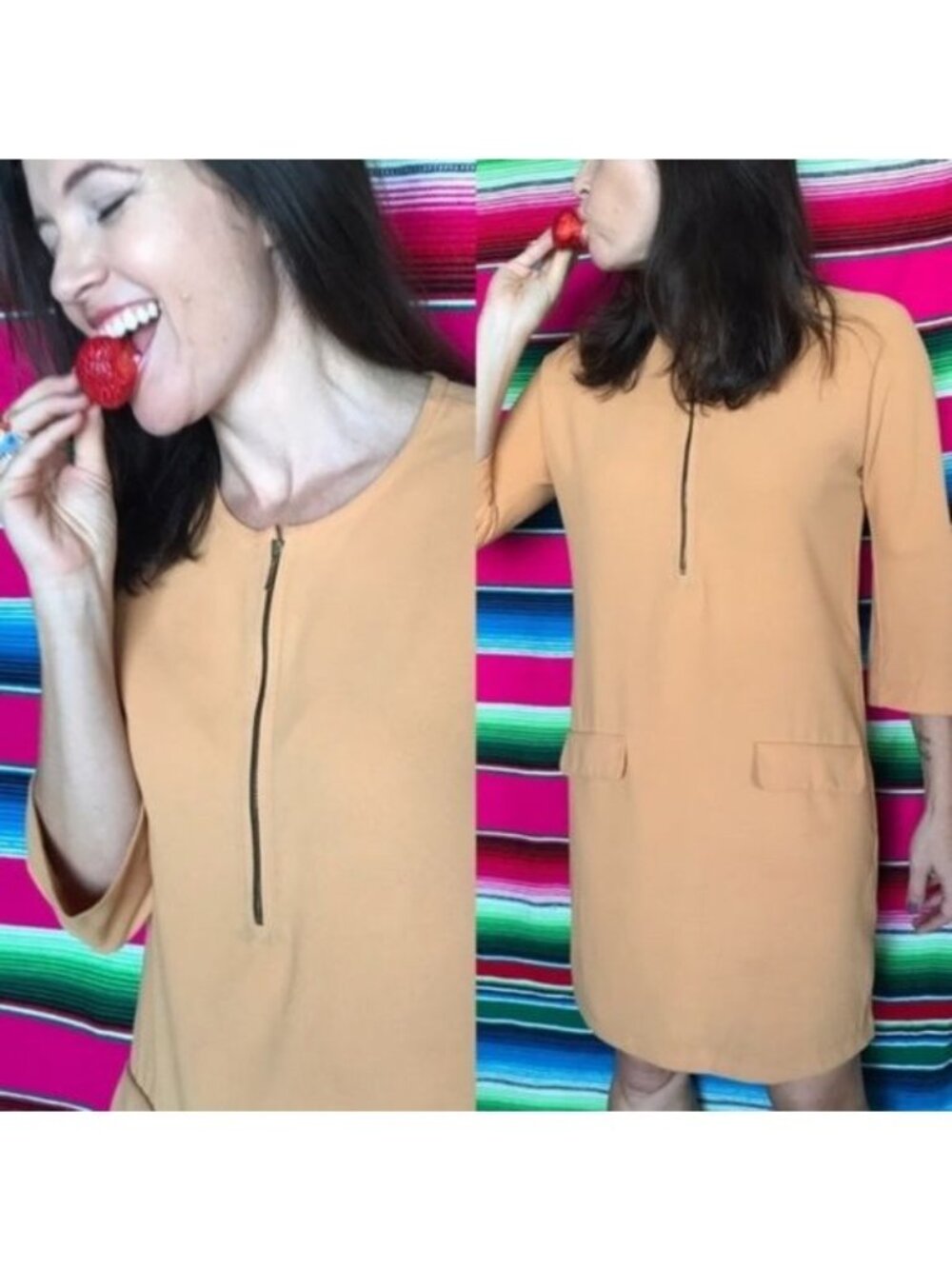 Zara Mod Zip Shift Mini Dress Pockets 3/4 Sleeve